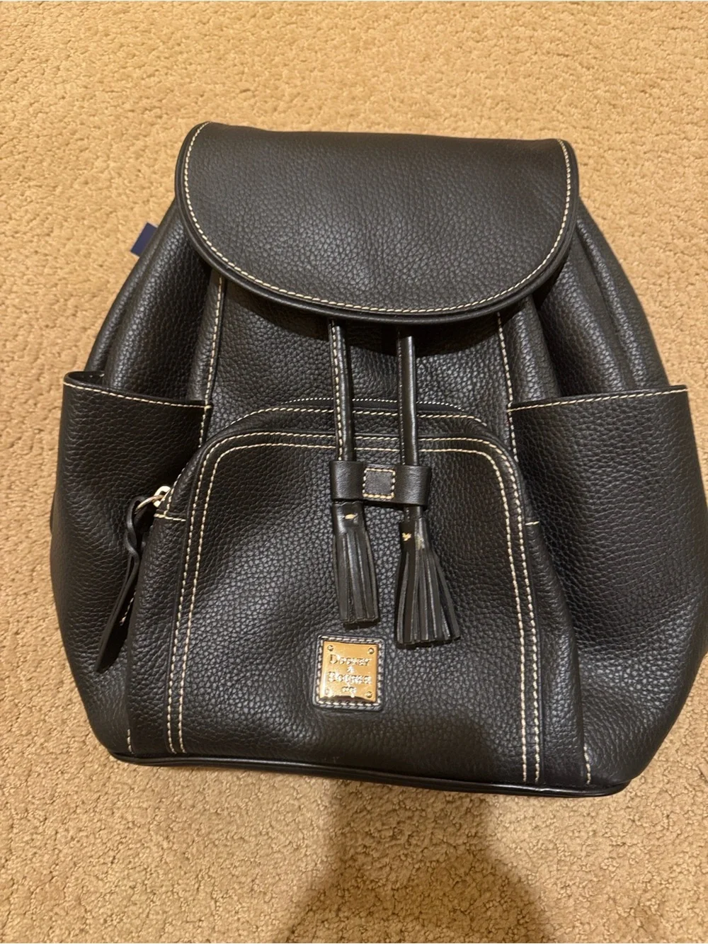 Black Leather Drawstring Backpack with Tassel Accent
